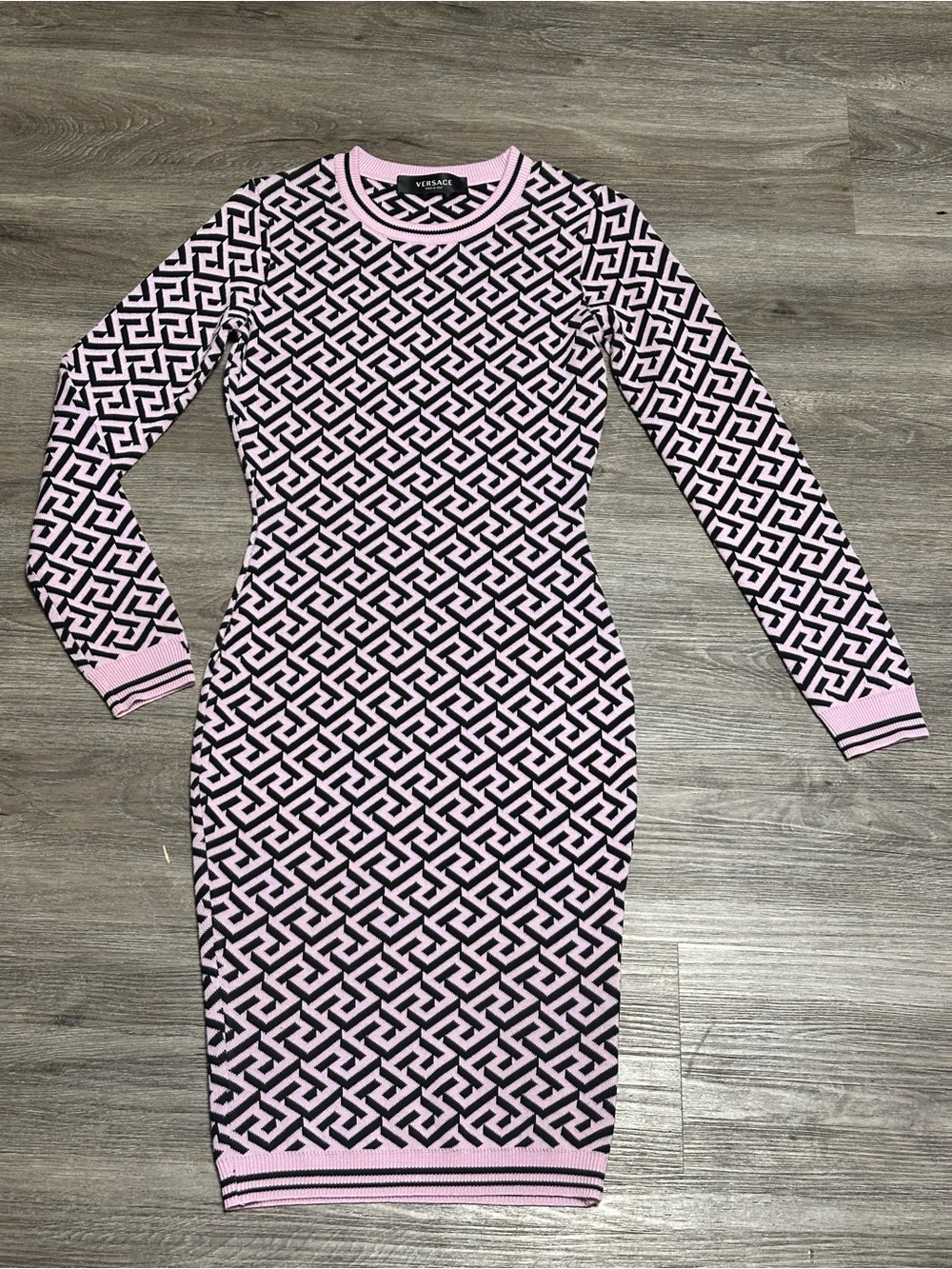 Original Versace Pink and Black Long-Sleeve Geometrici Logo Knit Dress
